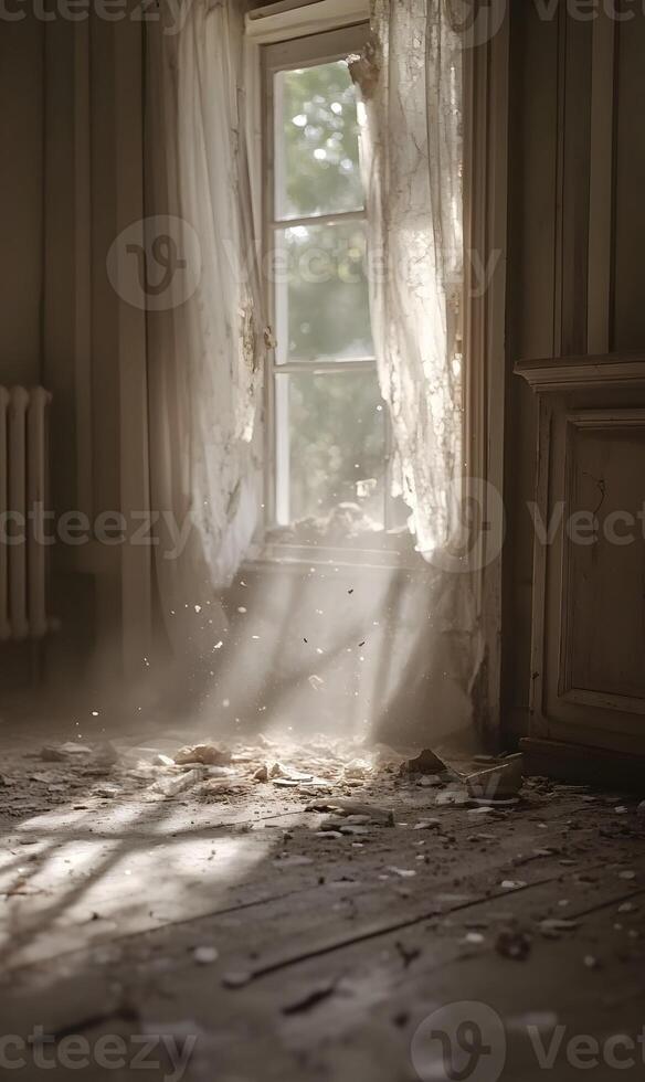 Interior scene featuring sunlight, dust particles, and tattered curtains, creating a nostalgic ambiance photo