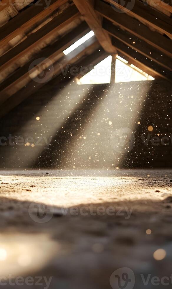 Mystical Sunlight Illuminates a Dusty Attic Interior, Creating an Ethereal Atmosphere photo
