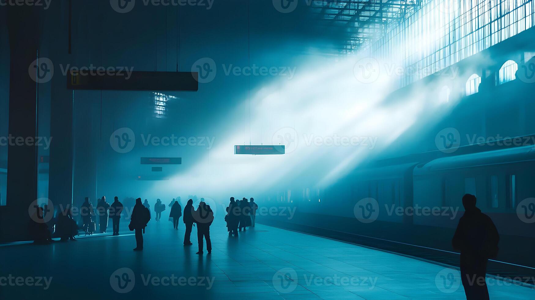 Ethereal train station scene with silhouetted figures bathed in a surreal light display photo