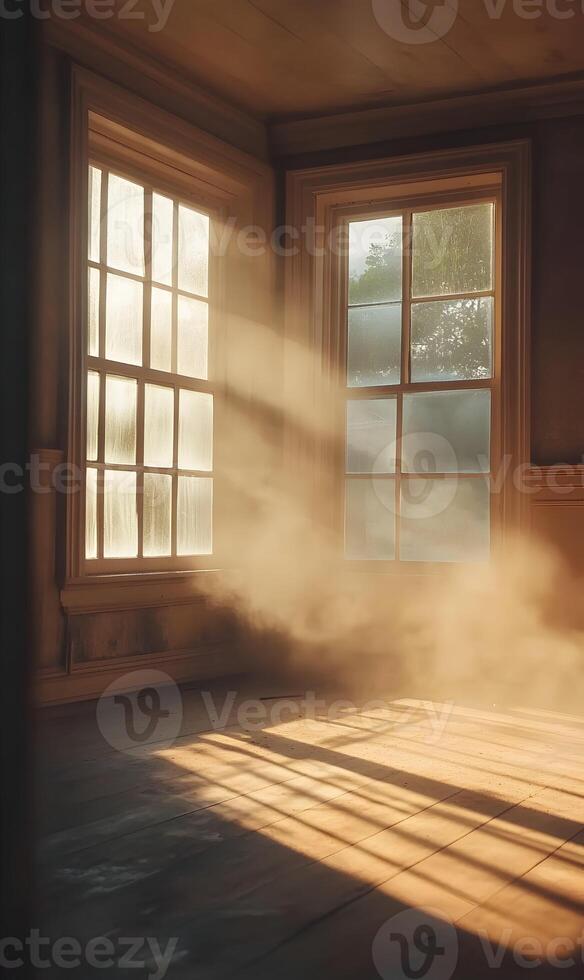 Sunlit interior with weathered wood flooring and classic windows illuminating golden dust photo