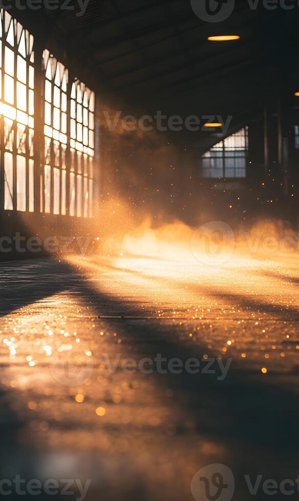 Warmth within the industrial space, shimmering light rays illuminating interior dust particles photo