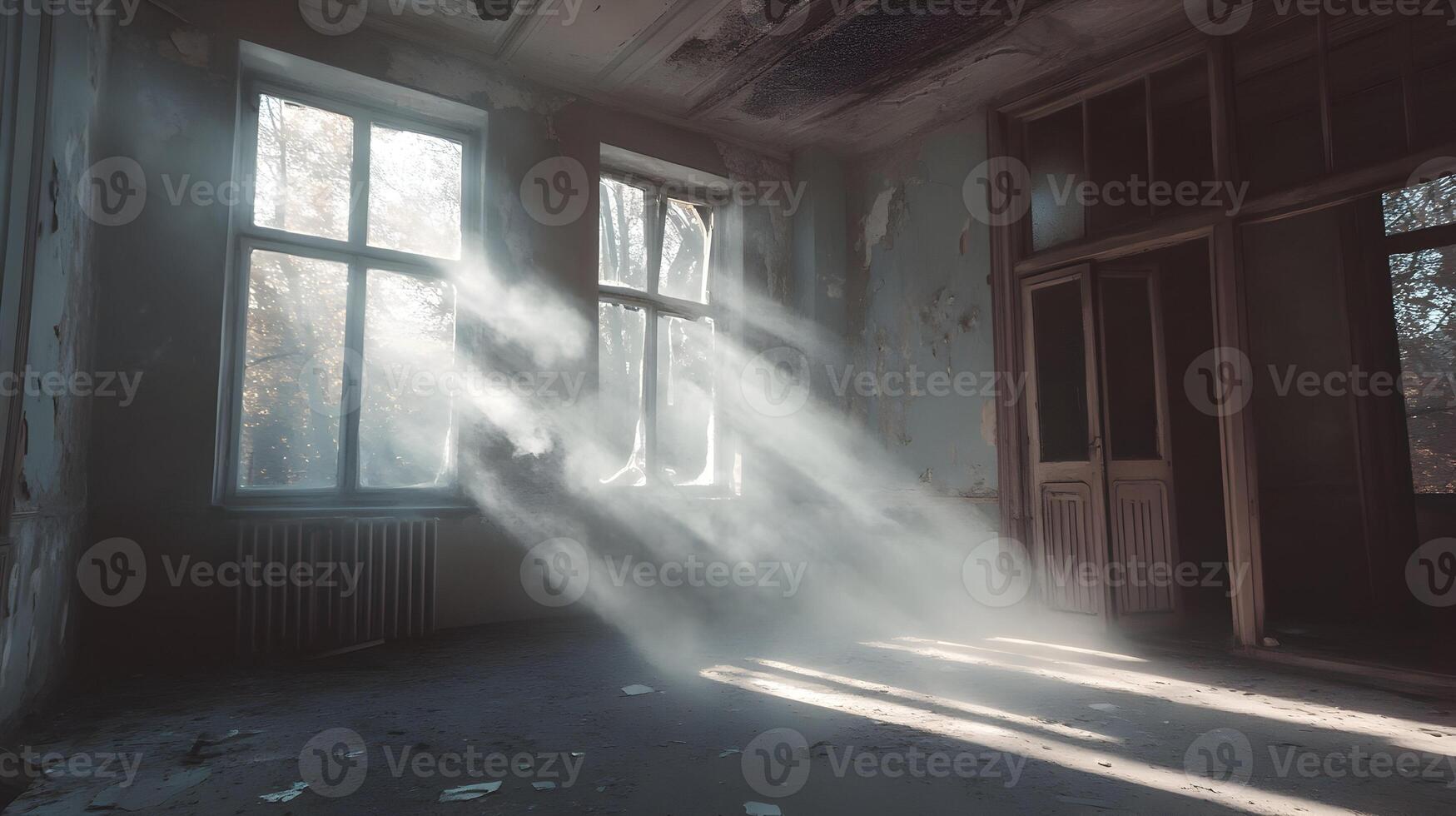 Illuminated ruin, ethereal light beams entering an abandoned place through damaged windows photo
