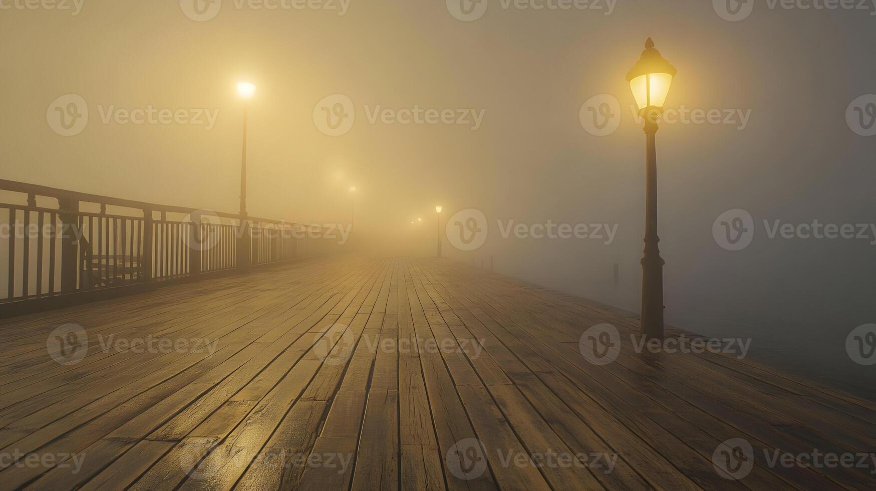 Foggy twilight promenade illuminates the mystery, offering solitude in an urban environment photo