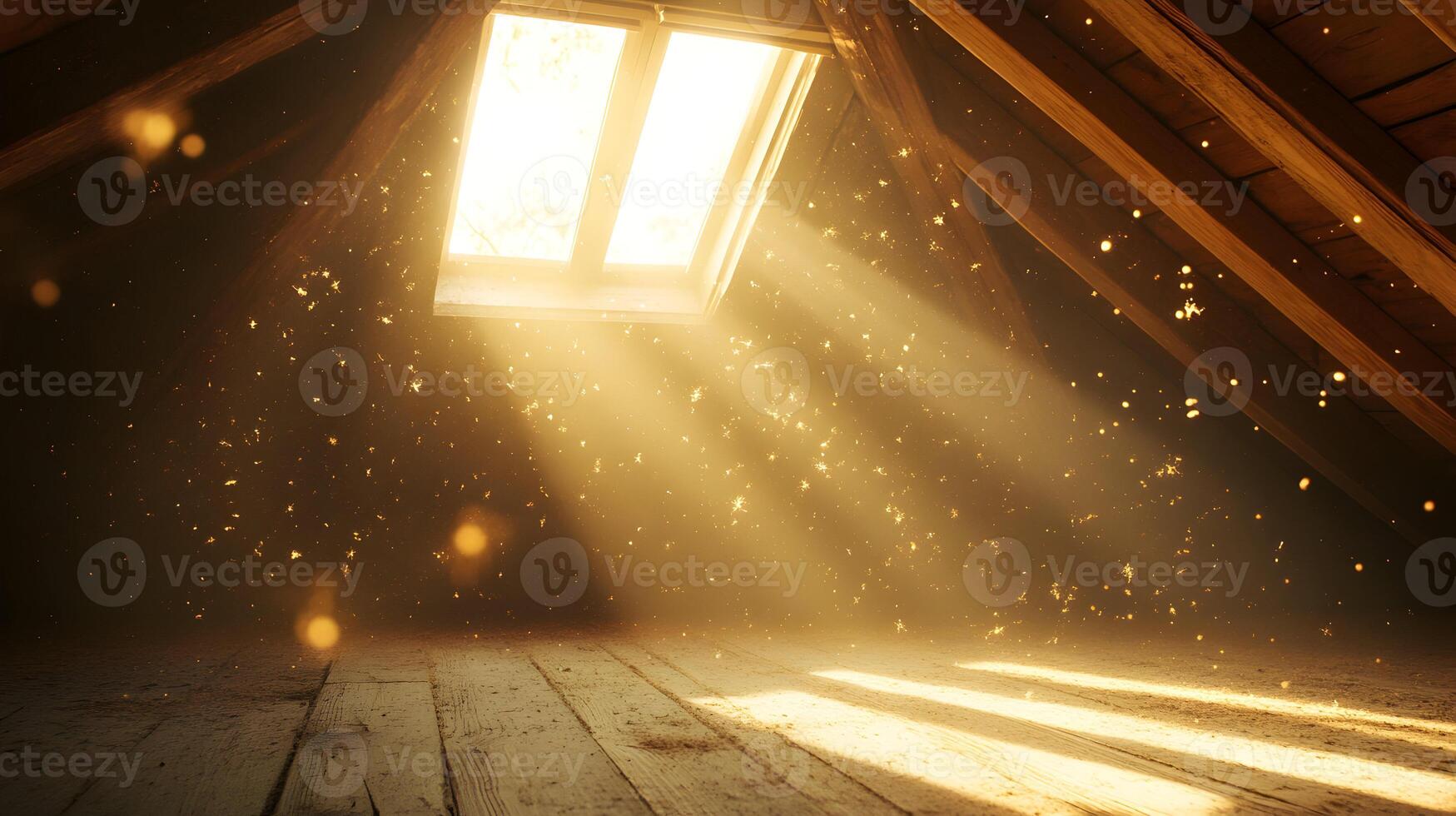 Illuminated Attic with Sunlight Rays Streaming Through, Creating an Ethereal Ambiance photo