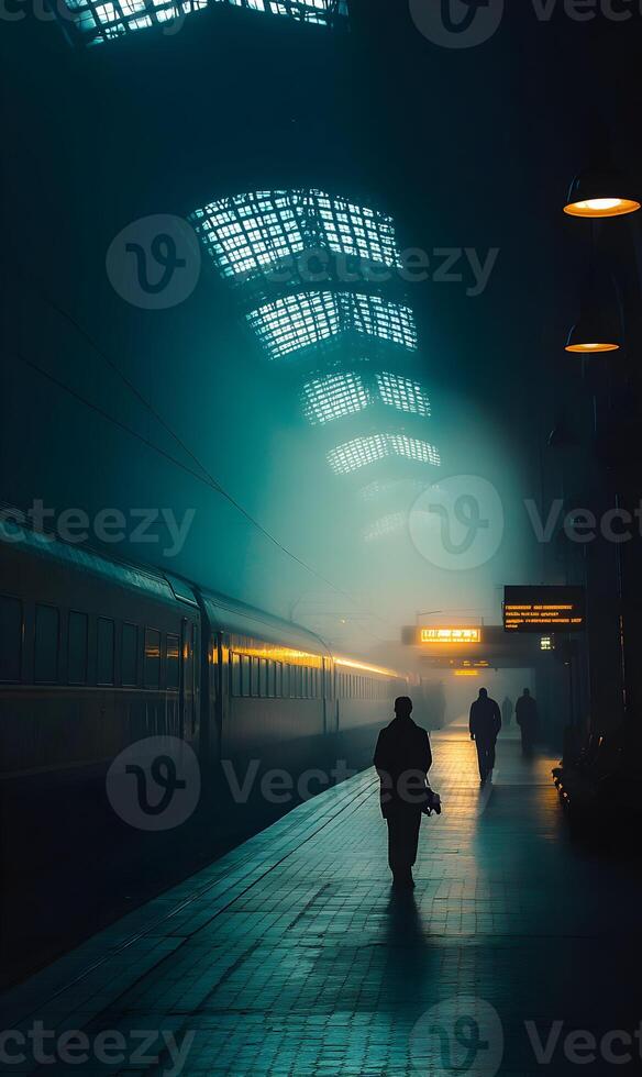 Urban commute silhouettes at railway station, evoking travel mystery and solitude scenes photo