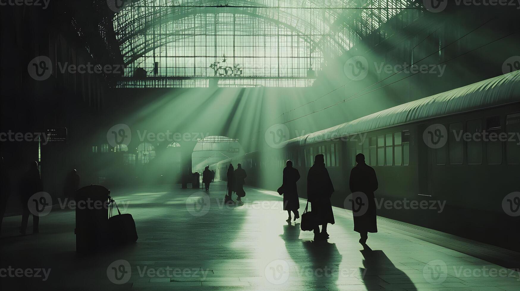 A captivating view of railway station platform with people silhouettes in dramatic lighting photo