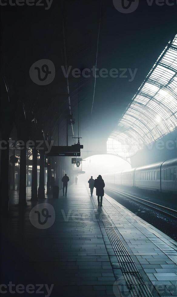 Atmospheric Departure Silhouette Figures Walking Through Foggy Train Station Platform photo