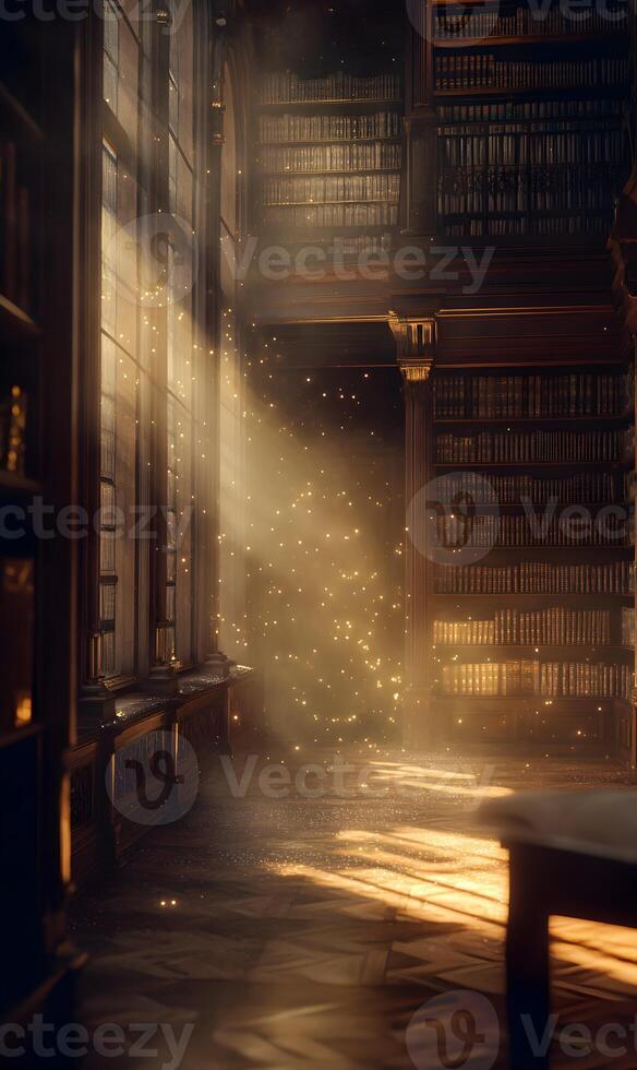 Golden light illuminates the ancient books within an opulent library interior photo