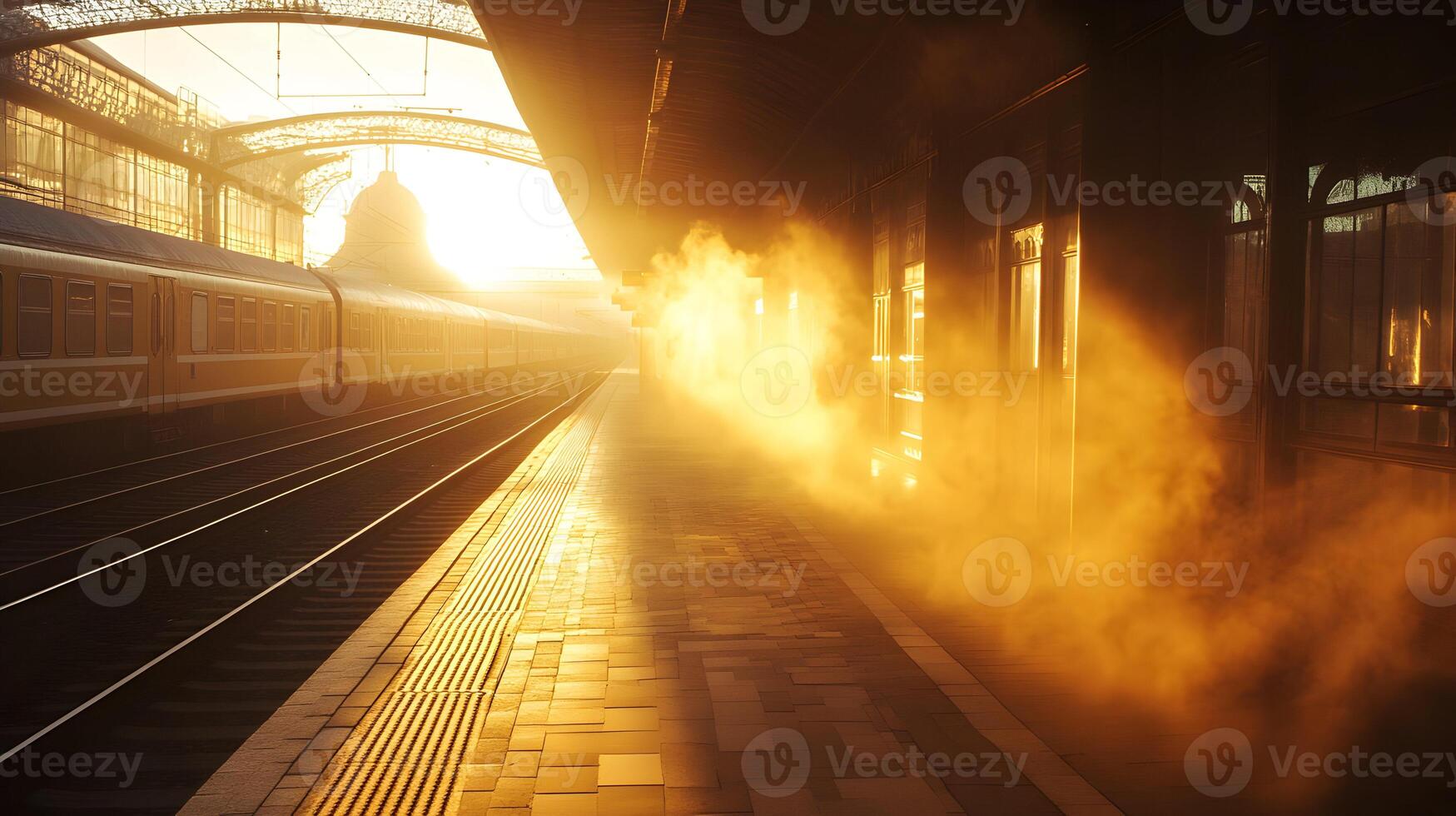 Evocative Train Station Scene Radiating Warmth and Atmospheric Hues on a Foggy Day photo