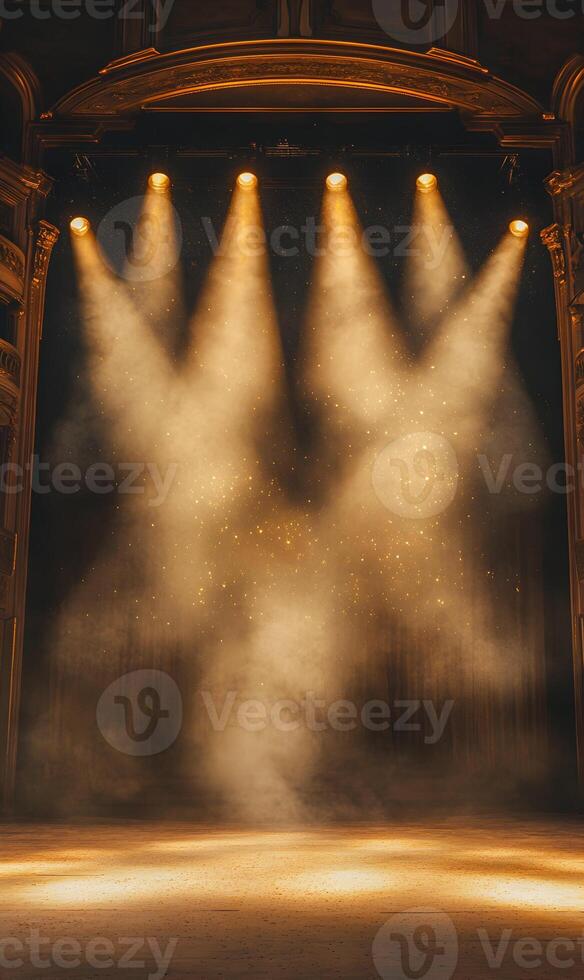 Captivating theatrical stage backdrop with golden spotlights and fog, ready for your performance photo