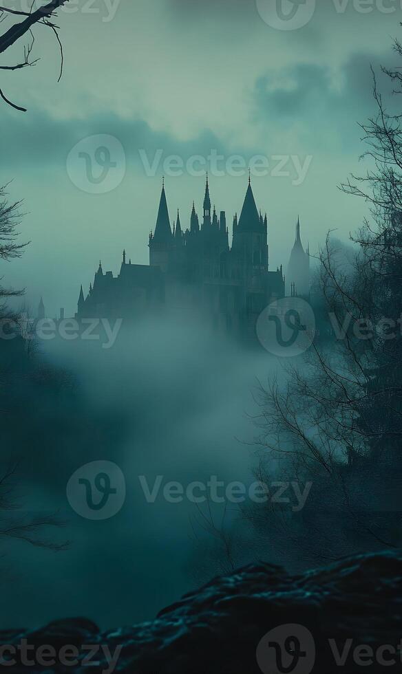 Mysterious enchanted castle shrouded in swirling mist and dense foliage, an ethereal vision photo