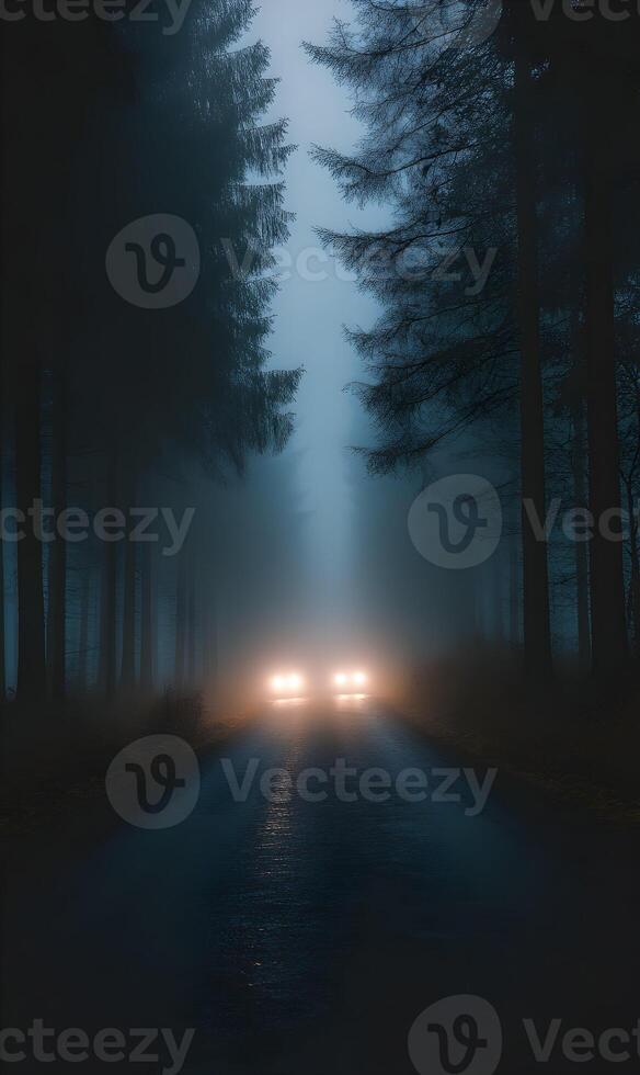 Intriguing woodland drive at night, illuminated by the ghostly glow of headlight through fog photo
