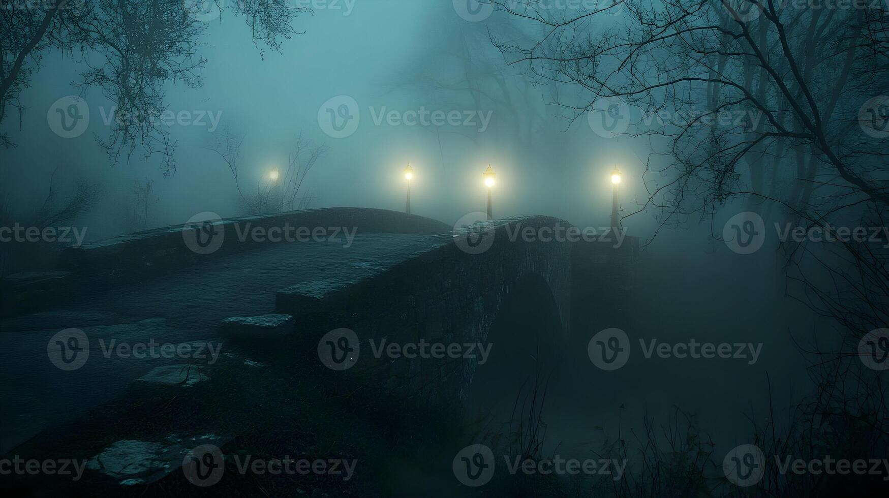 Enigmatic Atmosphere Enshrouds a Stone Bridge Illiminated by Street Lights in Deep Mist photo