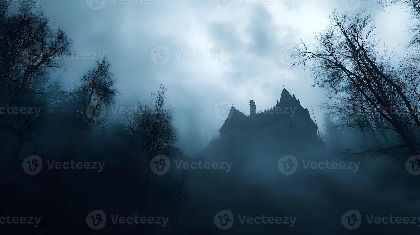 Eerie mansion obscured by heavy fog, with barren trees under a gloomy, overcast sky photo
