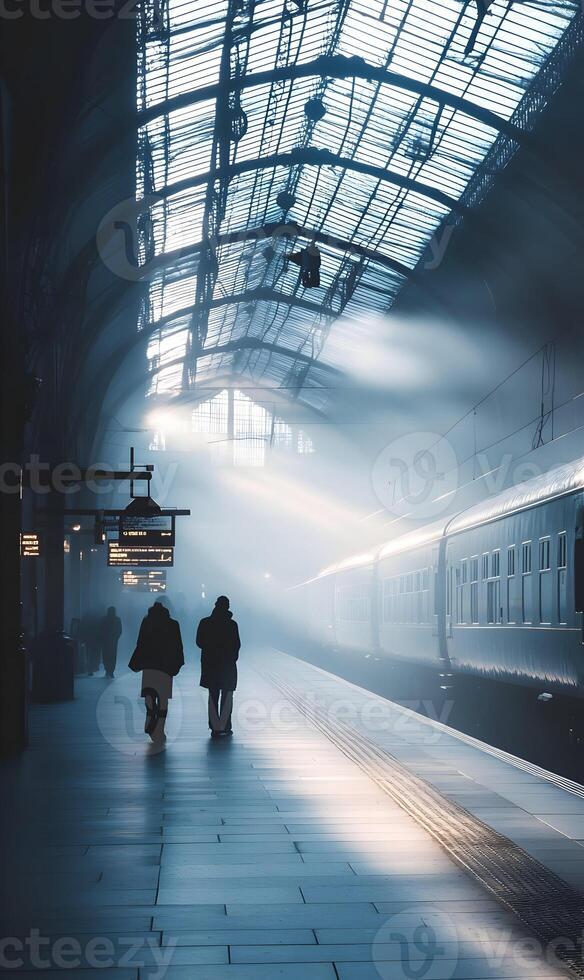 Atmospheric Train Station Platform with People Silhouetted in Fog and Architectural Detail photo