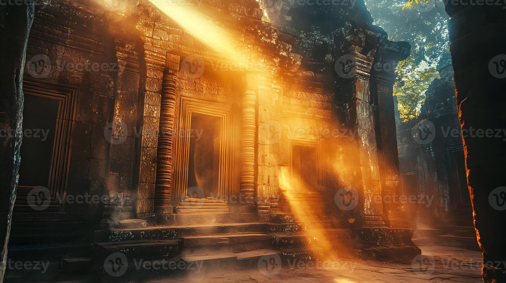 Ancient temple ruin with golden sunlight streaming, offering mystery and visual impact photo