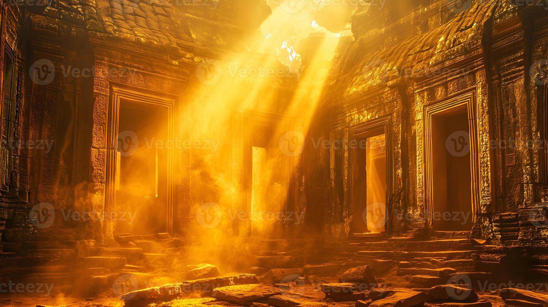 Ancient temple bathed in ethereal light with stone steps leading to carved doorways photo