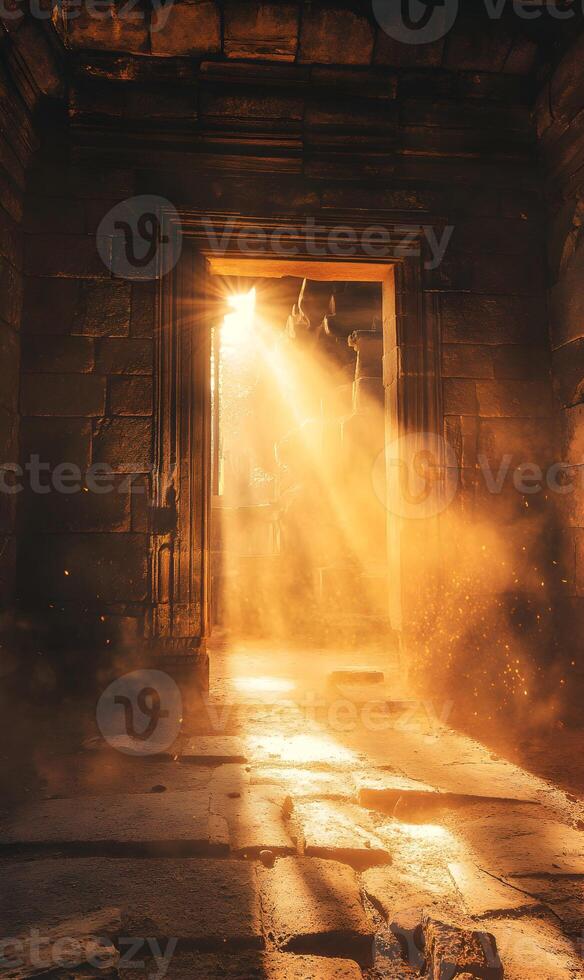 Radiant Sunlight Illuminating the Entrance to an Ancient Stone Structure Interior photo