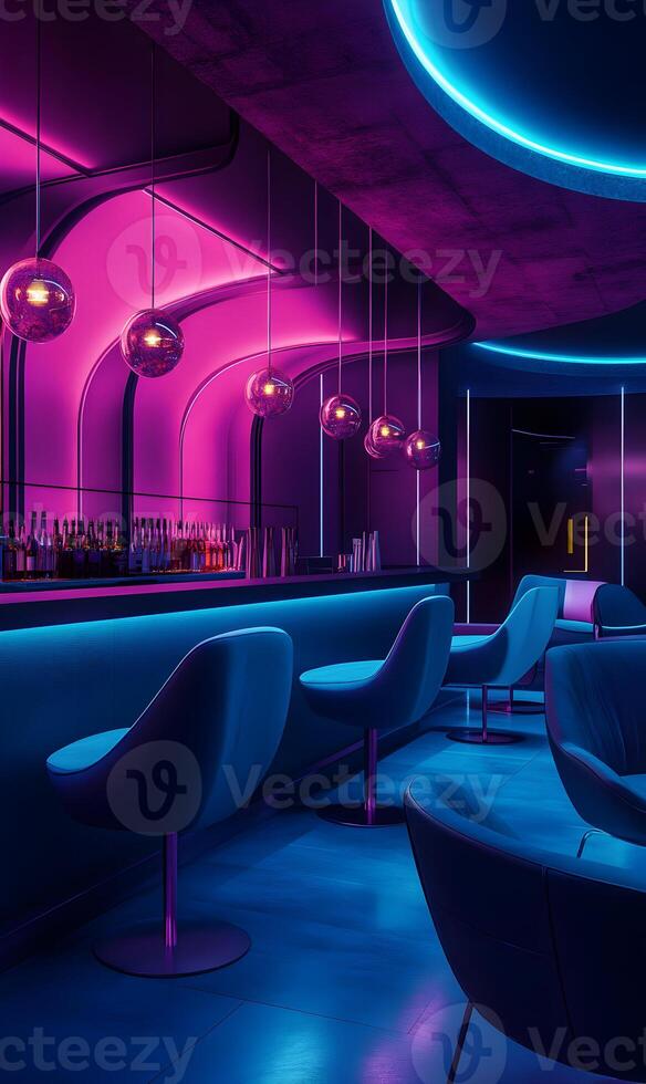 Futuristic bar interior illuminated with vibrant neon lights, elegant design and furniture photo