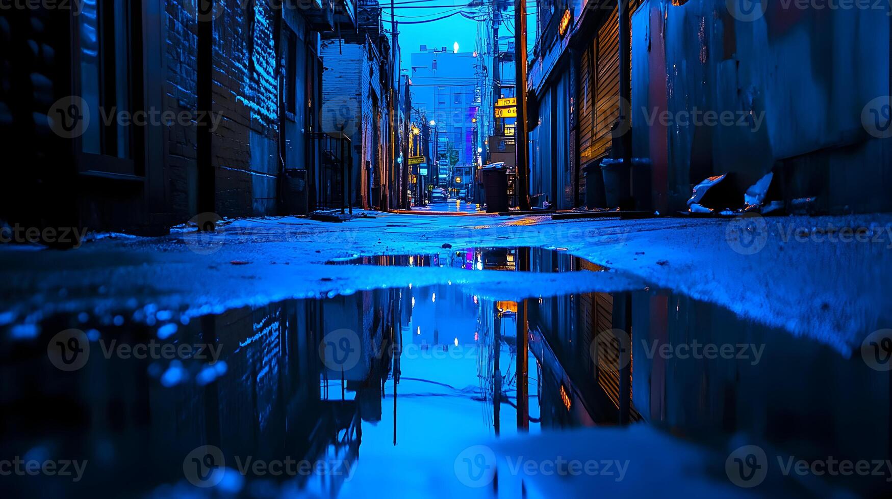 Captivating alleyway image highlighting reflections on a water puddle on a calm and serene day photo