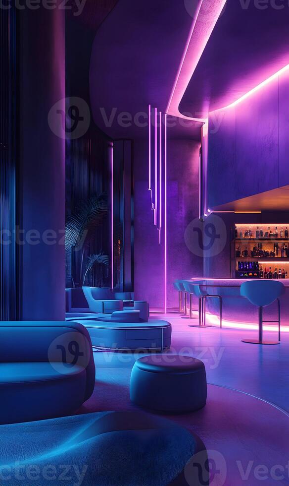 Futuristic Relaxation Lounge with Geometric Design and Neon Lighting Atmosphere Created photo