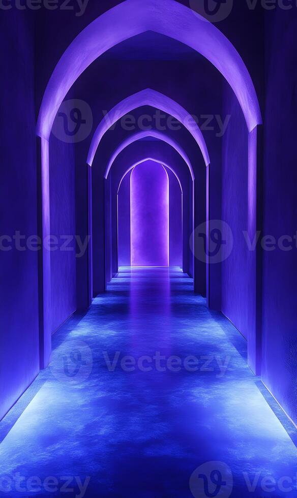 Mystical violet corridor with arched doorway and light flooring creates alluring atmosphere photo