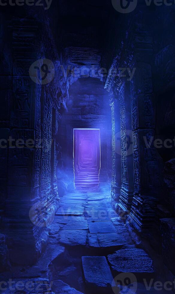 Intriguing view of an antique architectural corridor with ancient inscriptions and light photo