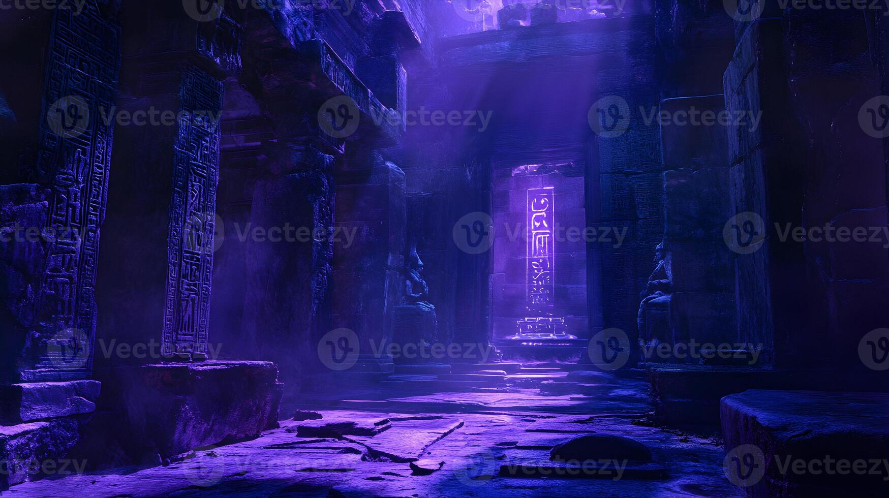 Mystical ancient temple ruins with glowing inscriptions in a vibrant and ethereal atmosphere photo