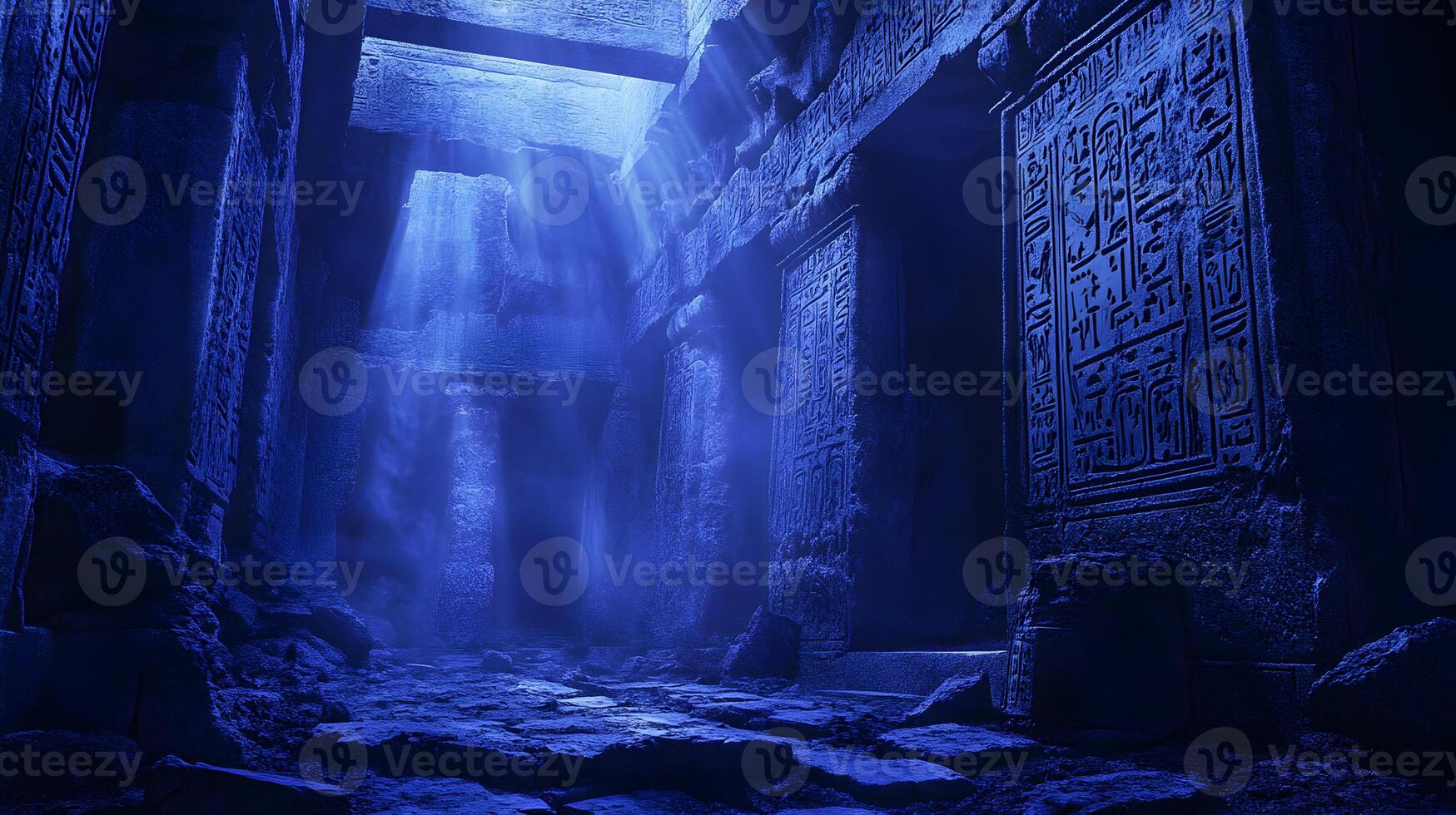 Mysterious ancient temple interior with hieroglyphs and light rays cutting through the gloom photo