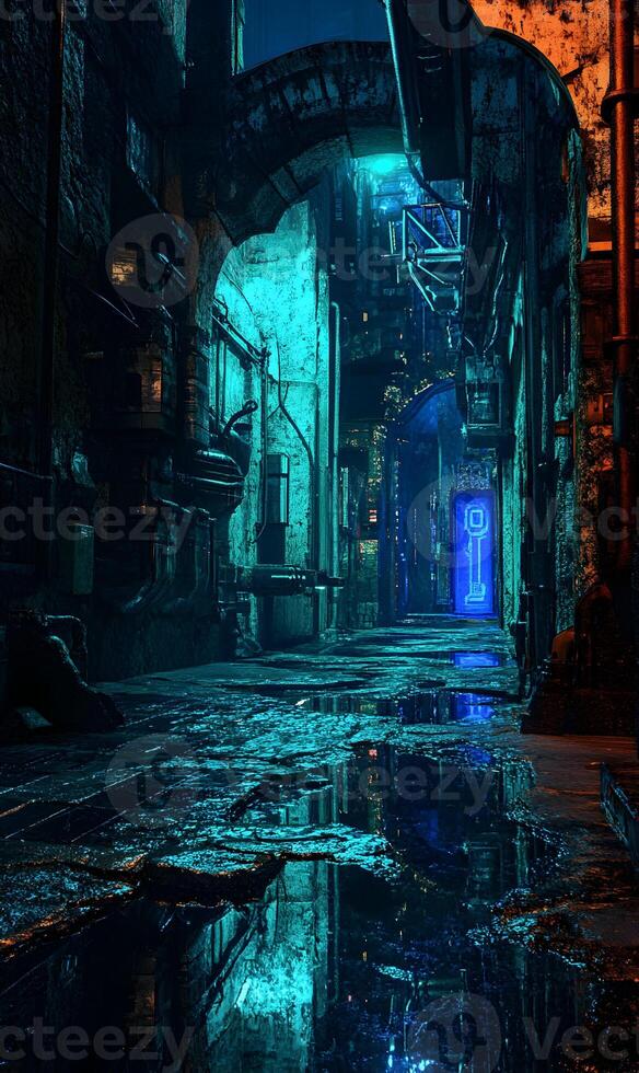 A digital cityscape featuring a cyberpunk alleyway with neon elements reflecting in water photo