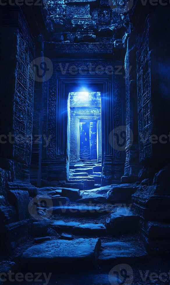 Mystical blue temple corridor hinting at ancient architectural wonders and spiritual journeys photo