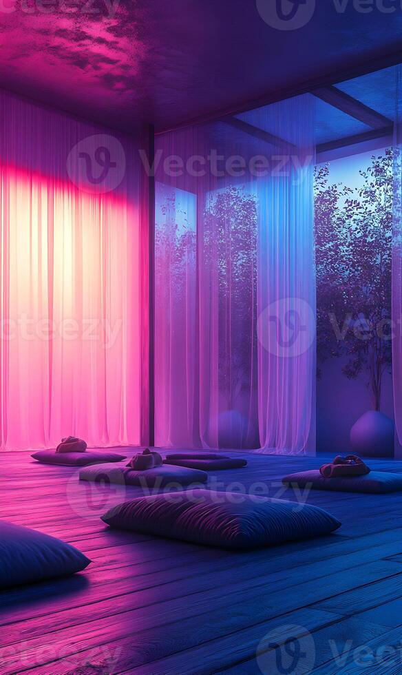 Zenith Yoga Room with Cushions Awash in Neon Light Spectrums, Promotes wellness and balance photo