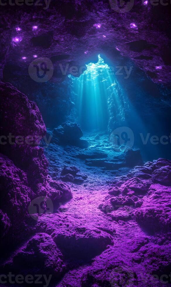 Enchanting cavern with luminous streams illuminating rocky landscape, magical underland scenery photo