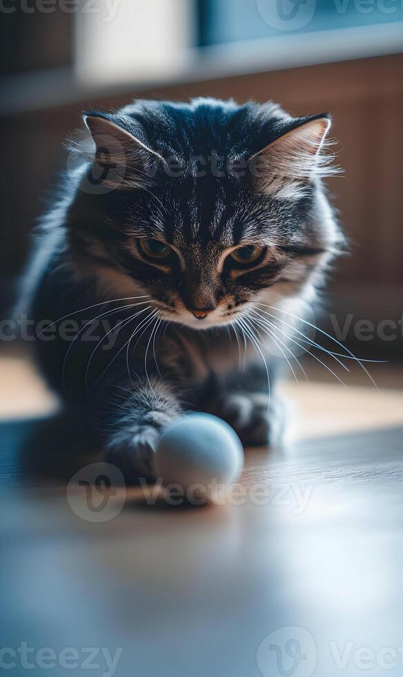 Captivating feline focused intensely, poised to pounce while batting a small playful sphere photo