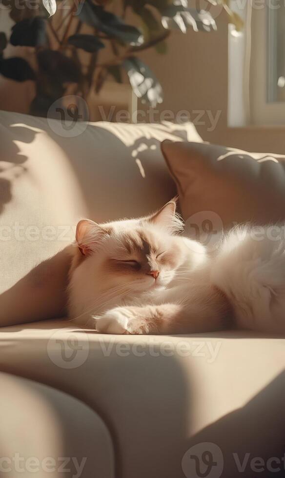Lazy sunny afternoon nap portrait of a fluffy ragdoll feline on a comfortable beige couch photo