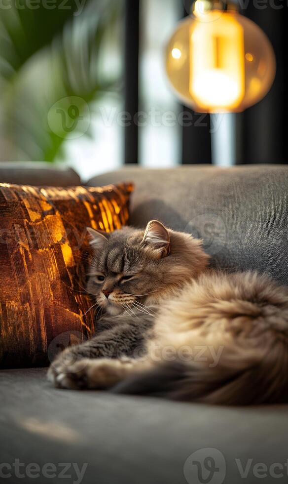 Captivating feline allure, a luxurious slumber by the warm glow of an ambient lamp photo