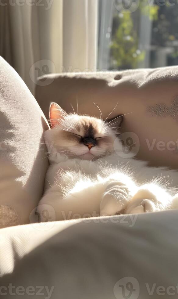 A serene moment cat resting on a sofa bathed in sunlight, enjoying a peaceful afternoon nap photo