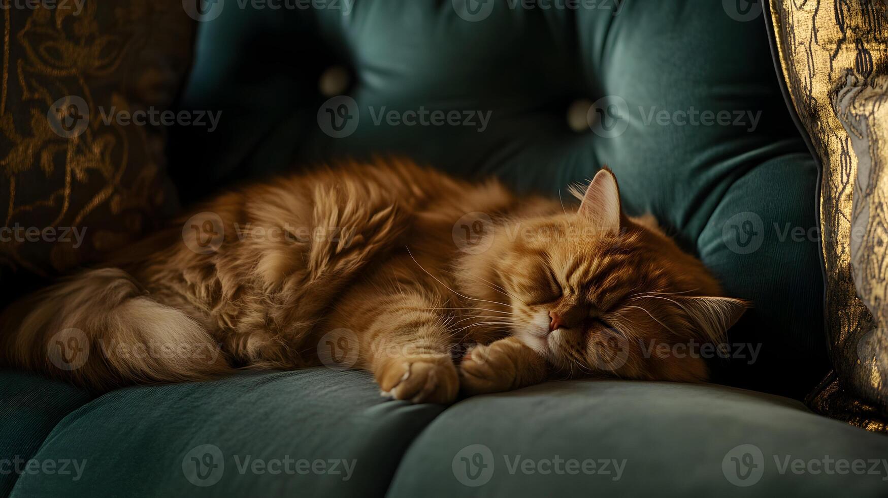 Serene feline slumber resting contentedly on a plush turquoise sofa in a cozy setting photo