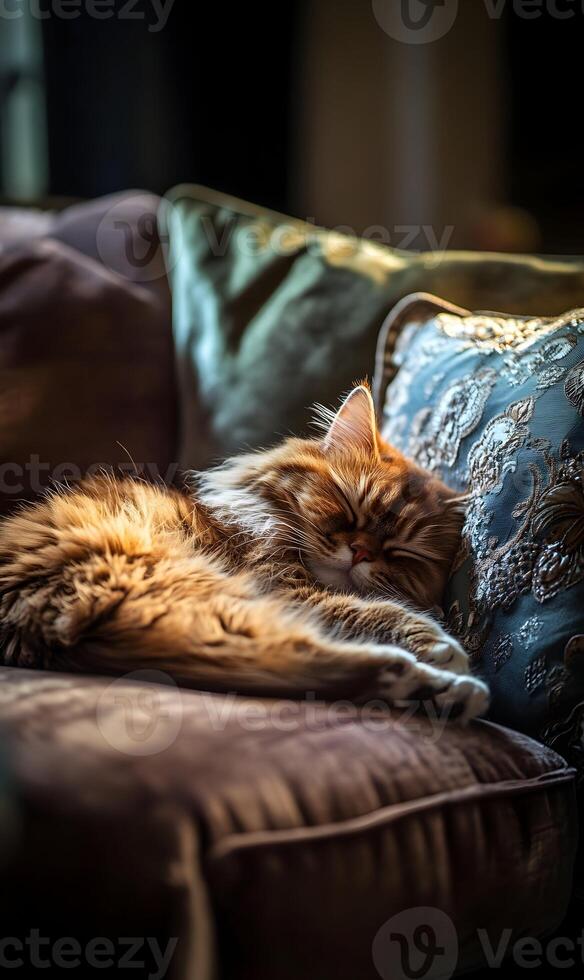 Serene slumber ginger cat lounging regally on plush couch cushions in tranquil repose photo