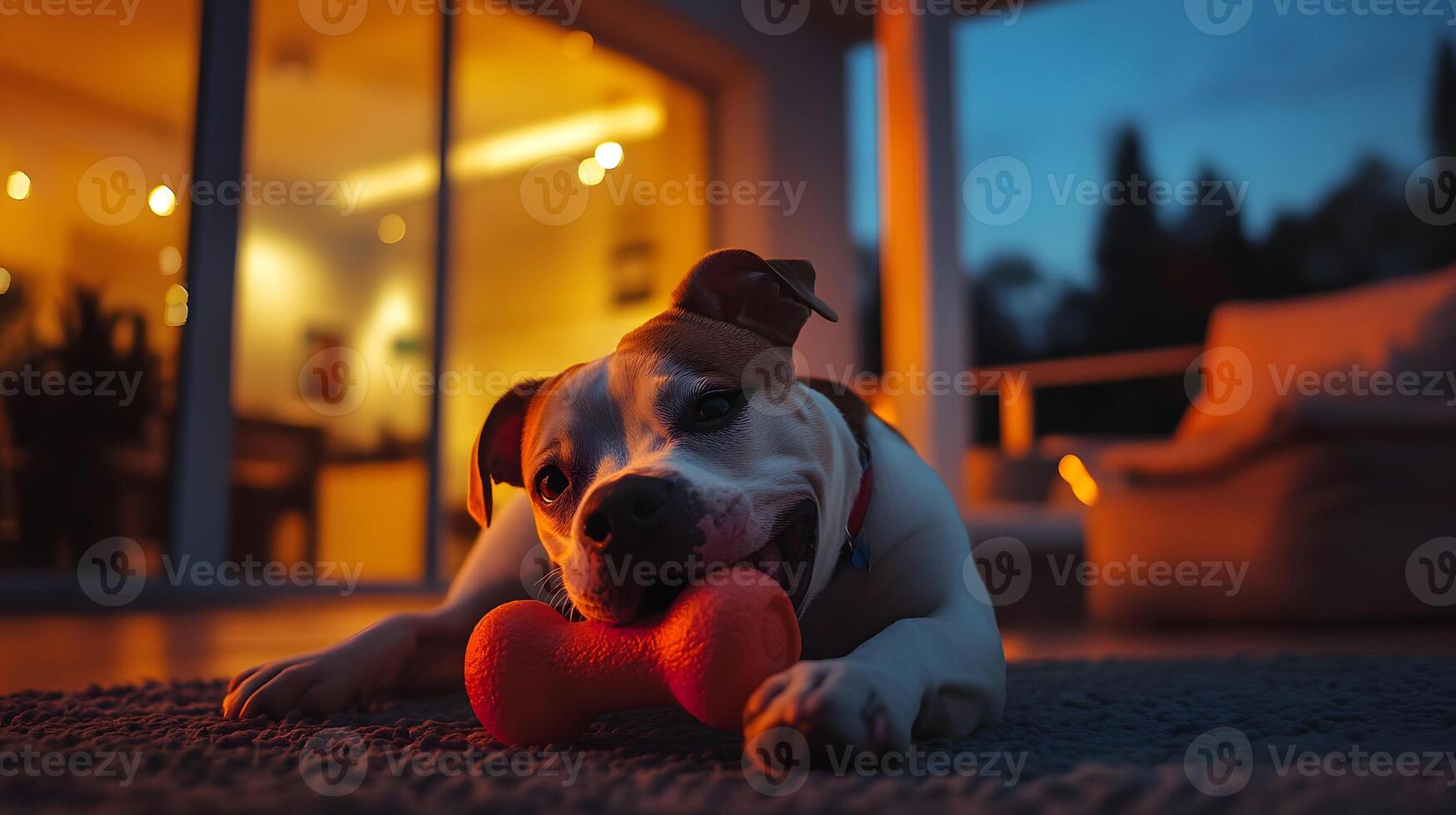 Boxer Breed dog, portrait on rug, at home playing with a toy bone looking at camera photo