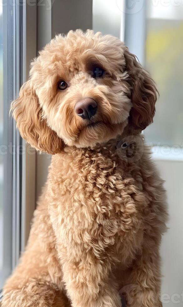 Portrait of a Golden Doodle Dog Sitting Gracefully by a Window with a Curious Gaze photo