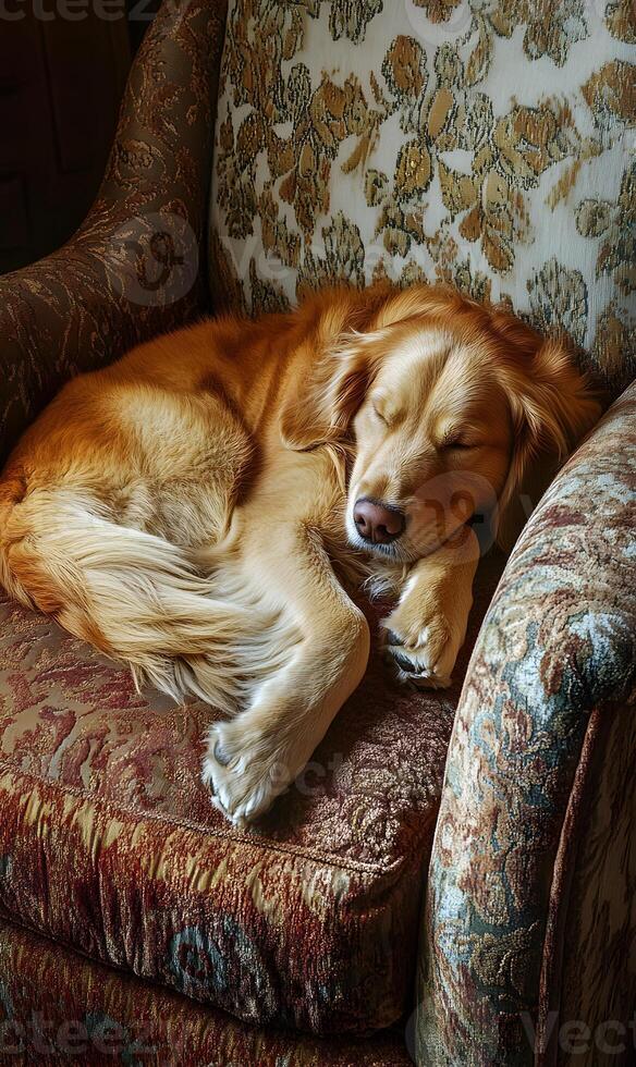 Golden retriever peacefully napping on the elegant patterned armchair in a cozy environment photo