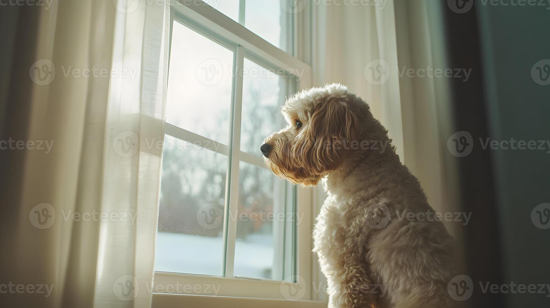 A charming Cockapoo gazing through a window during a bright winter day at home photo