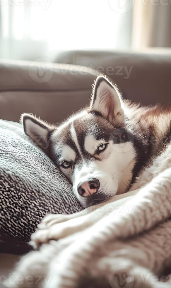 Serene canine repose, a portrait of a huskey nestled in tranquil slumber on soft textures photo