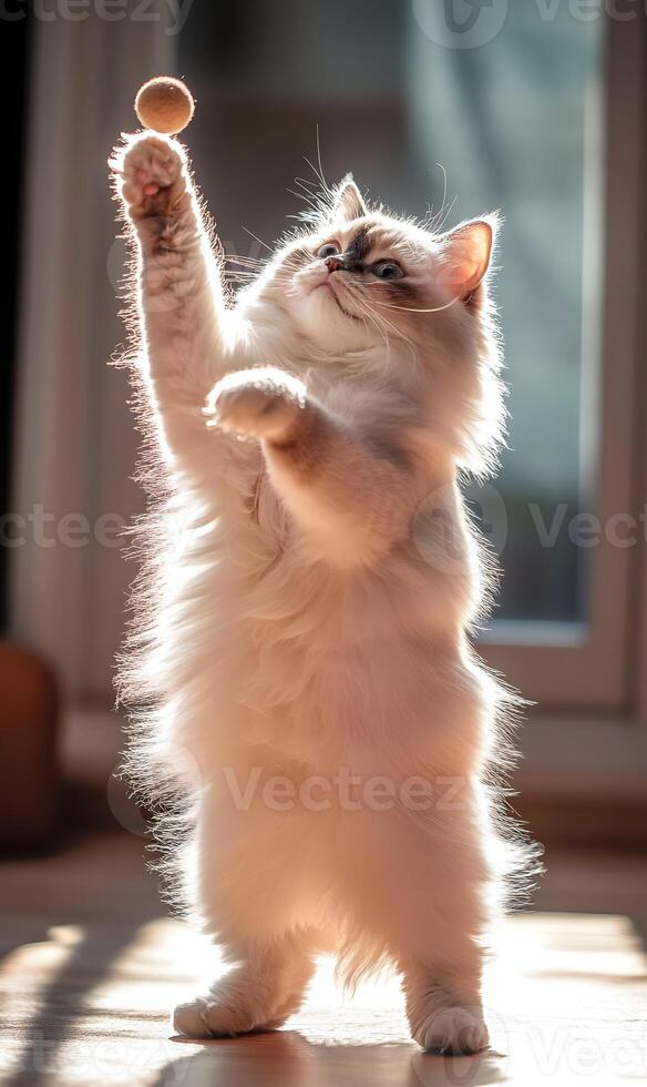 Elegant birman kitten strikes an adorable pose, reaching for its delightful toy ball photo