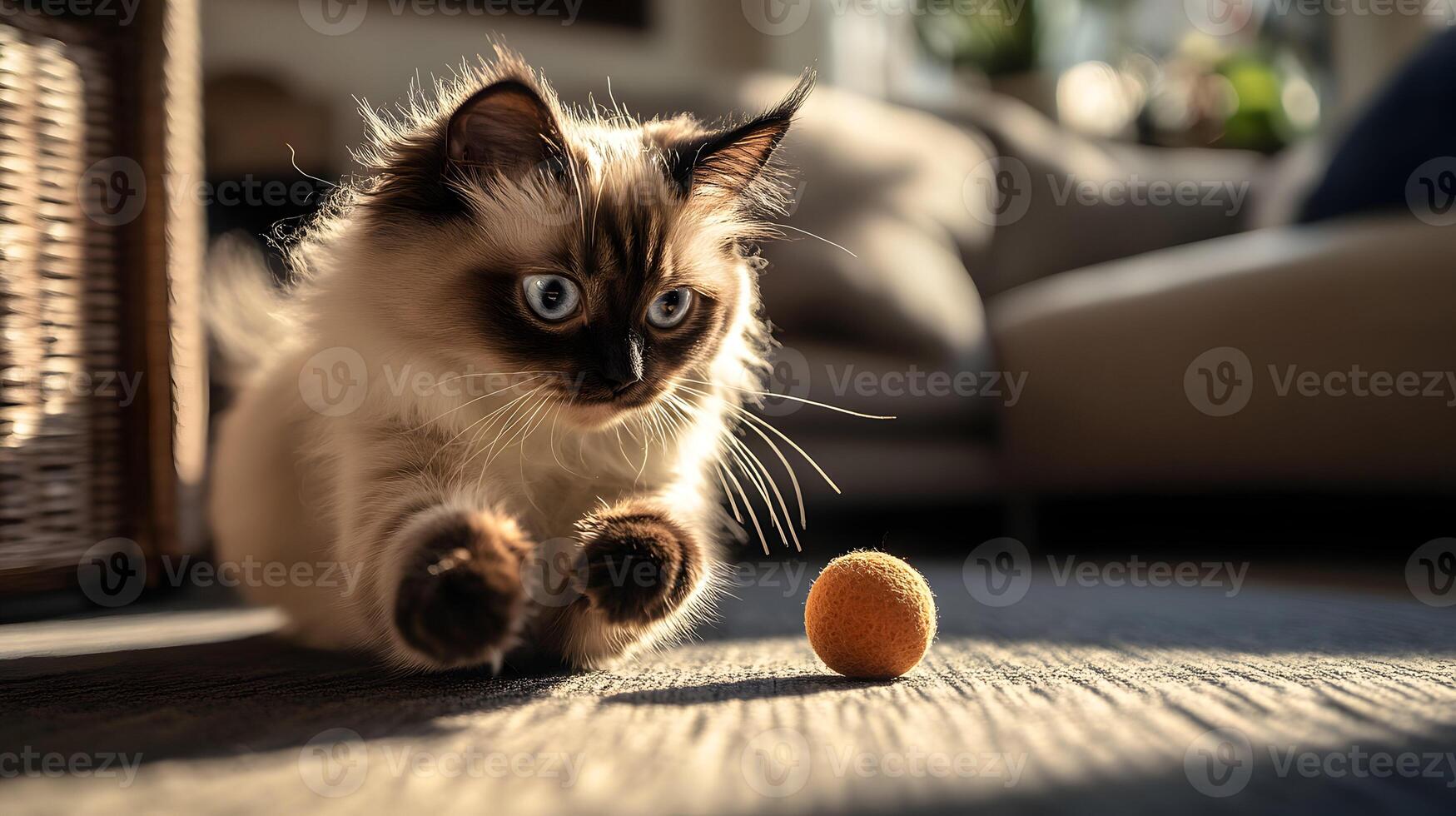 Captivating Kitten Gaze, A Ragdoll Cat Focused on a Playful Pursuit of a Small Ball photo