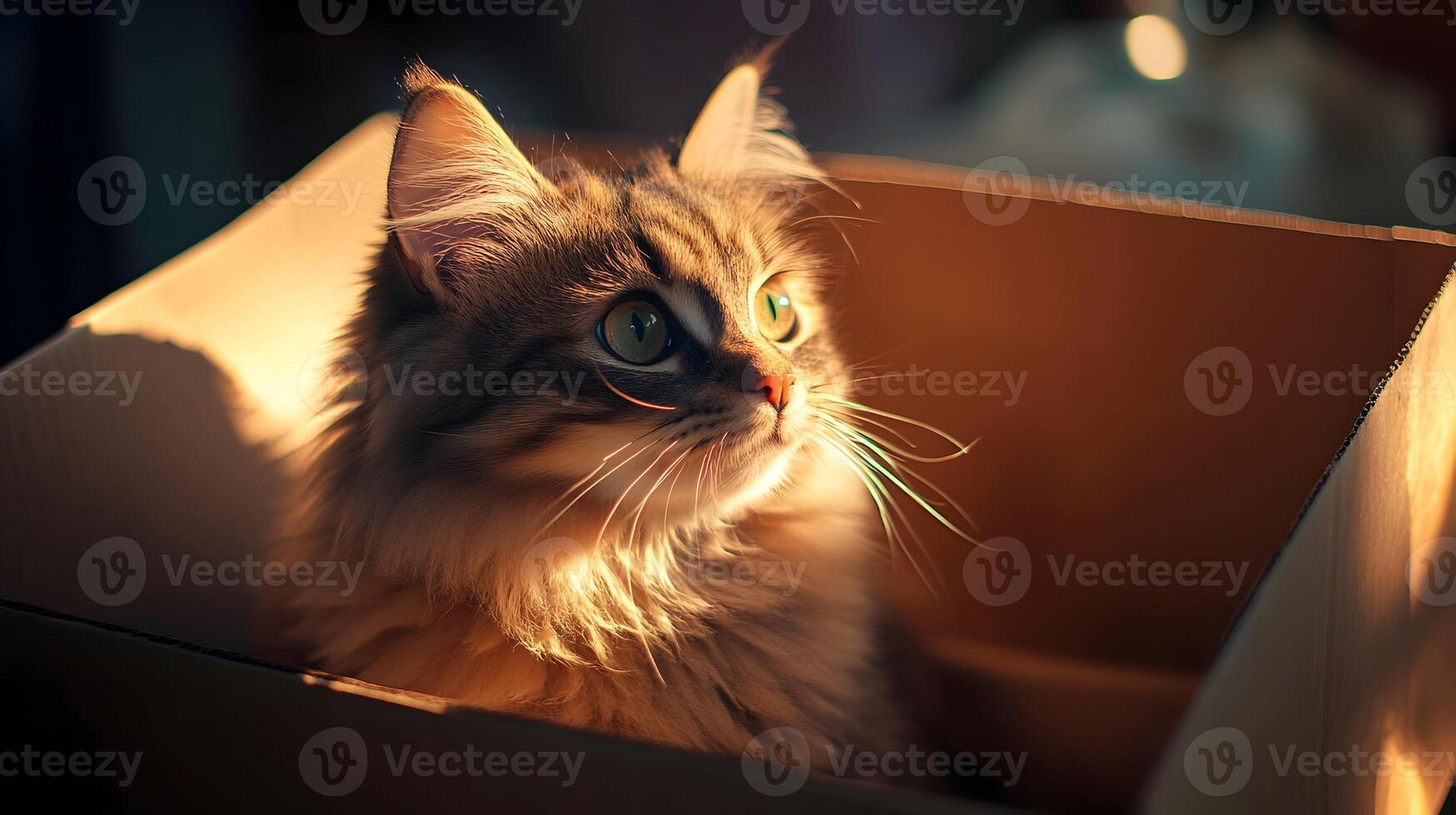 Adorable tabby cat inside cardboard box looking up with curious expression and golden glow photo