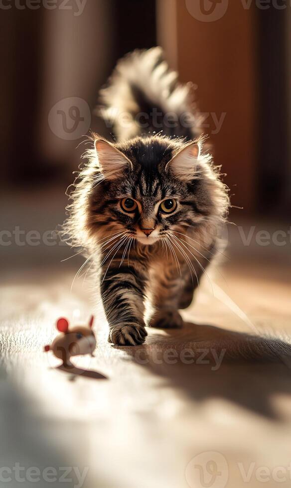 Feline on the Prowl A Fluffy Cat's Intense Gaze at a Toy Mouse in a Warm Light Room photo
