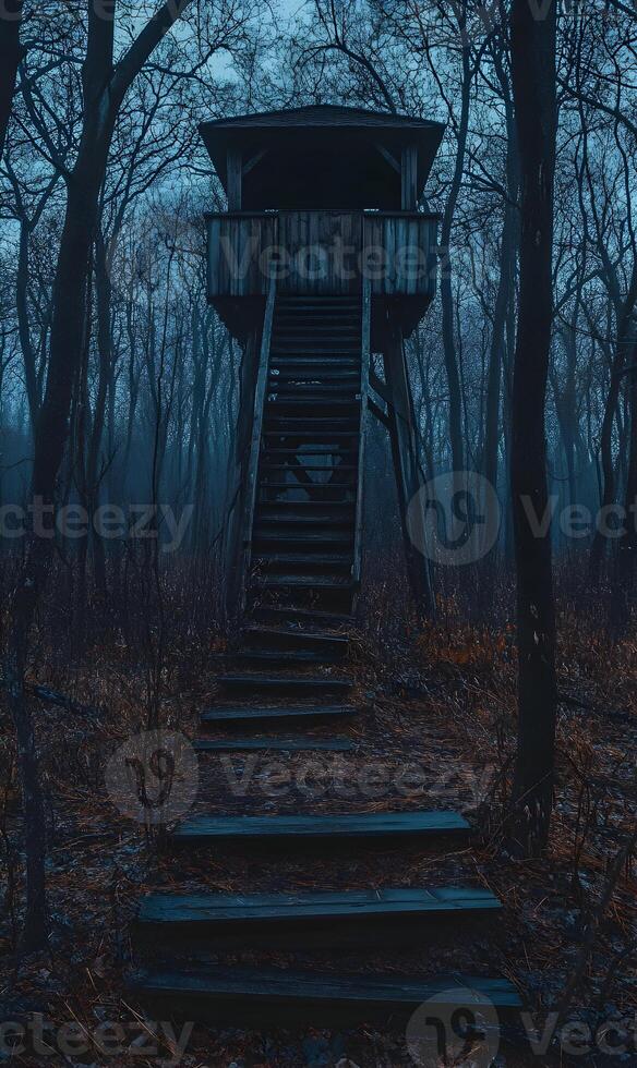 Eerie wooden watchtower rising through the trees in a foreboding, misty wilderness landscape photo