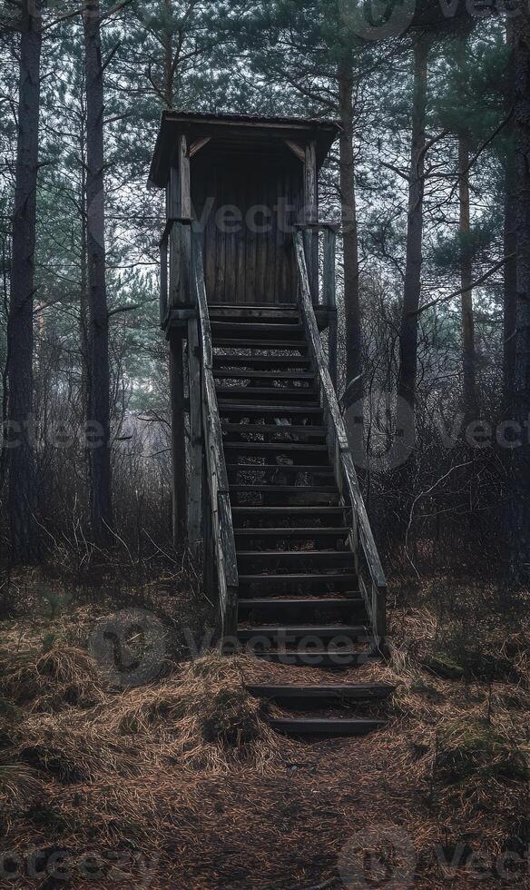 Eerie observation point shrouded within the desolate confines of a dense forest landscape photo